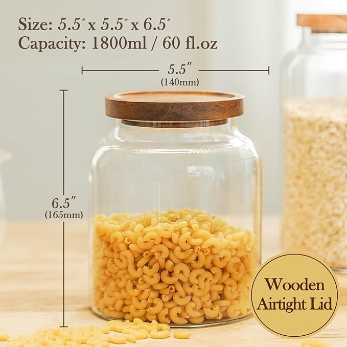 Labina Glass Storage Container Airtight Food Jars Kitchen Canister with Wood Lids, 60 Oz Wide Mouth Pantry Organization Glass Jar for Flour, Sugar, Cookie, Spagetti, Nuts and Candy