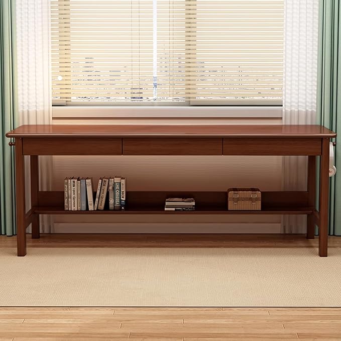 70.86" Long Solid Wood Desk with 3 Drawers Home Office Computer Desk Mid Century Modern Large Study Writing Desk Simple Real Wood Desk Study Table Workstation, Walnut