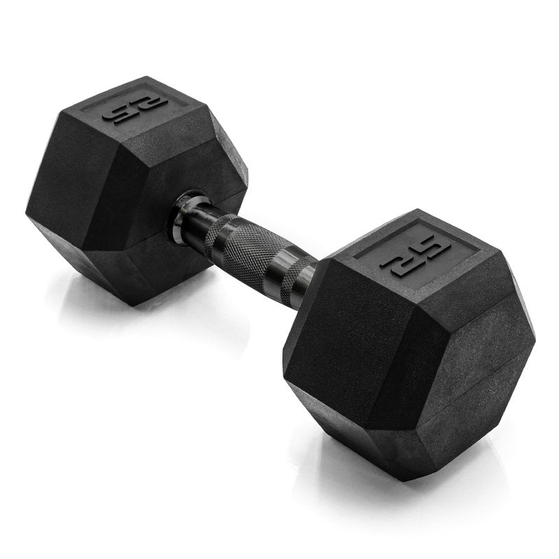 CAP 25 LB Rubber Coated Hex Dumbbell Weight, Rubber Free Weights for Home Gym Strength Training, Black Oxide Handle, Single