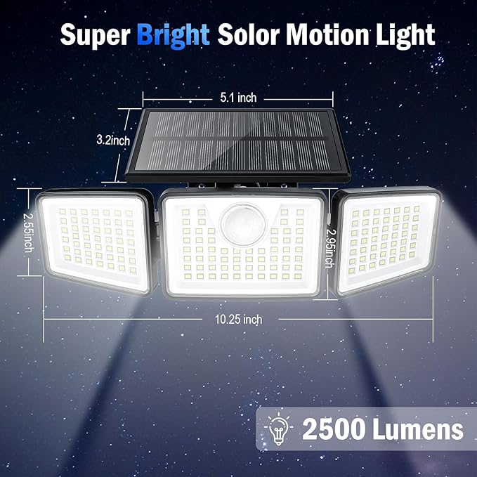 daphino 2500LM Solar Lights Outdoor with Motion Sensor,3 Head 270° Wide Angle Street Area Lights,IP65 Waterproof Security Lighting with 3 Modes(Non-Remote,1 Pcs)