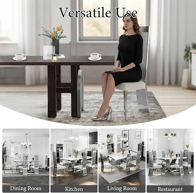Silver Dining Chair Set of 4, White Boucle Dining Chairs with Polished Silver Stainless Steel Backrest and Legs, Modern Elegant Upholstered Dining Room Chairs for Dining Room Kitchen Restaurant