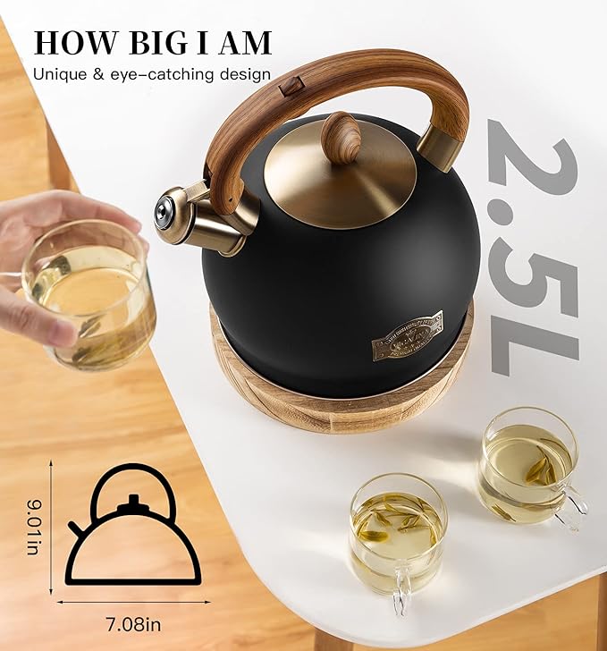 VICALINA Whistling Tea Kettle Stovetop, 2.64 Quart Black Tea Pot