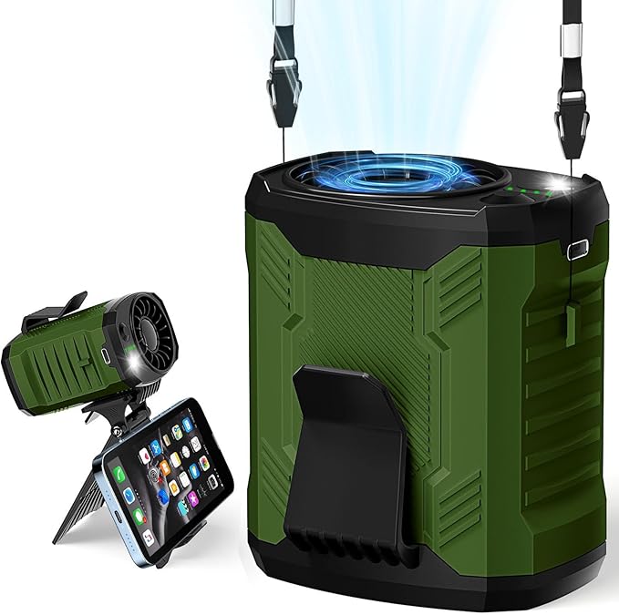 FlarePoint Portable 4-in-1 Waist/Neck/Desk Fan with Phone Stand & LED Light | 10000RPM Ultra-Fast Cooling, 4-Speed Rechargeable Battery | Lightweight for Indoor, Outdoor, Camping, Makeup(Green)