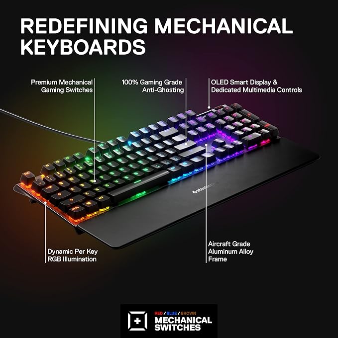 SteelSeries Apex 7 Mechanical Gaming Keyboard – OLED Smart Display – USB Passthrough and Media Controls – Tactile and Clicky – RGB Backlit (Blue Switch)