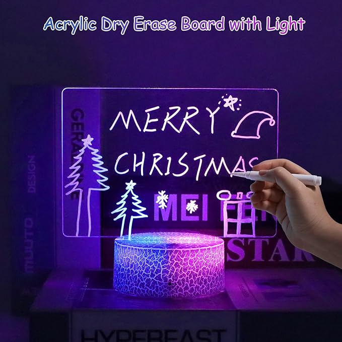 Acrylic Dry Erase Board with Light, 7 Colors Clear Desktop Note Memo Board with Remote & Timer, Dimmable 3D Touch Control Night Light, Creative Lighted Message Board for Study Work