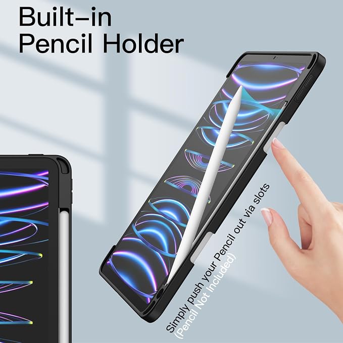 JETech Case Cover for iPad Pro 11 4/3/2/1 Black | For 2022/2021/2020/2018 Model Clear Back Pencil Holder Slim Shockproof Tri-Fold Stand Auto Wake/Sleep