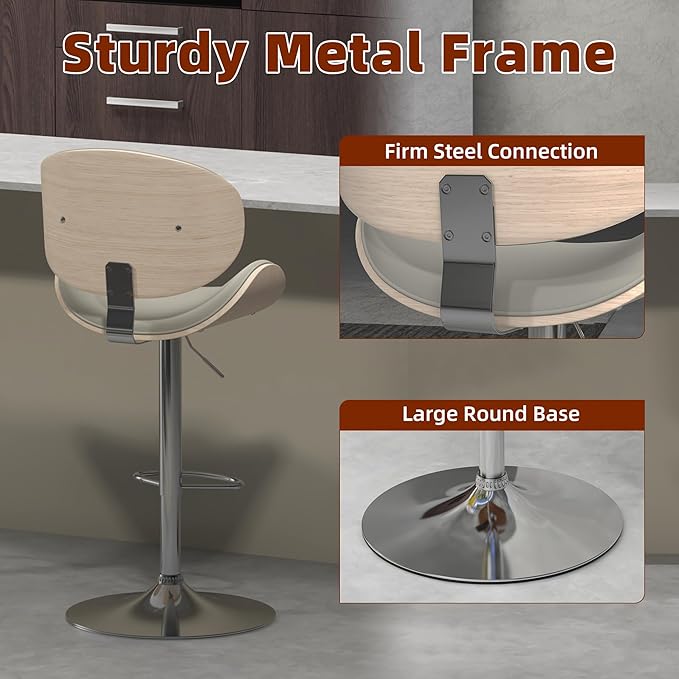 civama Bar Stools Set of 4 for Kitchen Counter, Adjustable Bar Height Chairs, Modern Swivel Barstools with Bentwood Seat and Back with Footrest for Kitchen Island, Dining Room, Grey PU Leather