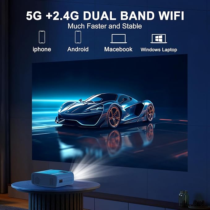 TMY Projector with WiFi and Bluetooth, Native 1080P Mini Projector, Portable Projector wirh 50% Zoom, Compatible with TV Stick/Phone/PC/DVD/HDMI/USB/TF, Movie Projector for Home Bedroom