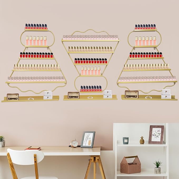 Metal Wall Mounted Nail Polish Racks Display Rack Cosmetic Display Case Lipstick Perfume Wall Shelf Essential Oil Organizer for Nail Polish Bottles Spa Nail Salon Shop (Gold)