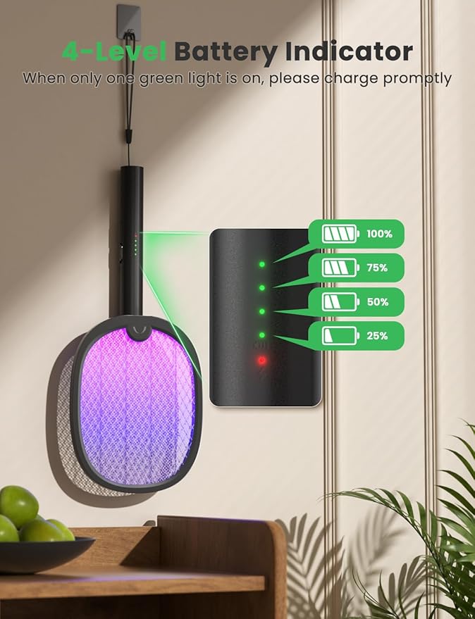 YISSVIC Electric Fly Swatter Foldable Bug Zapper Racket 2 in 1 Mosquito Killer with Purple Attractant Light Rechargeable 1800mAh for Indoor Home Backyard Patio Camping