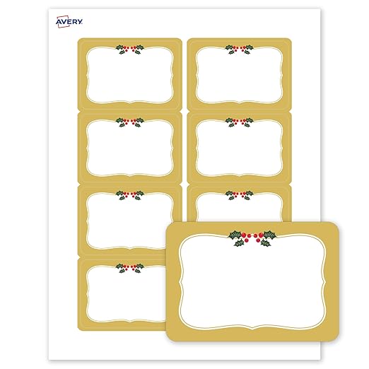 Avery Printable Christmas Adhesive Name Badges, Rectangle, 2-1/3" x 3-3/8", Pre-Printed Metallic Gold Border with Holly Design, Matte White, Laser & Inkjet Compatible, 80 Total