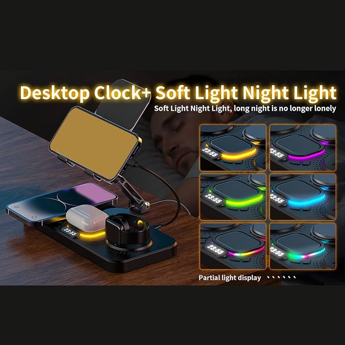 6 in 1 Wireless Charging Stand for iOS Devices with Alarm Clock and Ambient Lights for iOS 16 15 14 Phone and Watch Series 1 to 10 (Black)