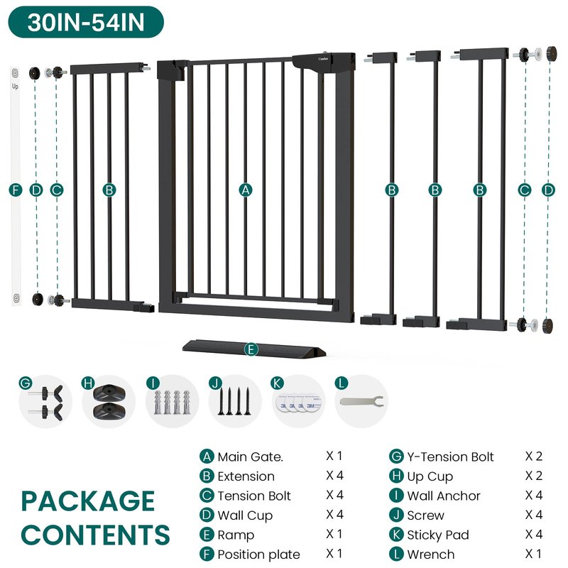 Cumbor 30-54" Extra Wide Baby Gate for Stairs, Dual Lock & Self-Closing Dog Gate Indoor, Easy Install Pet Gate for Doorways, Hallways & Kitchen, Easy Walk Thru Safety Proofing for Babies & Pets, Black