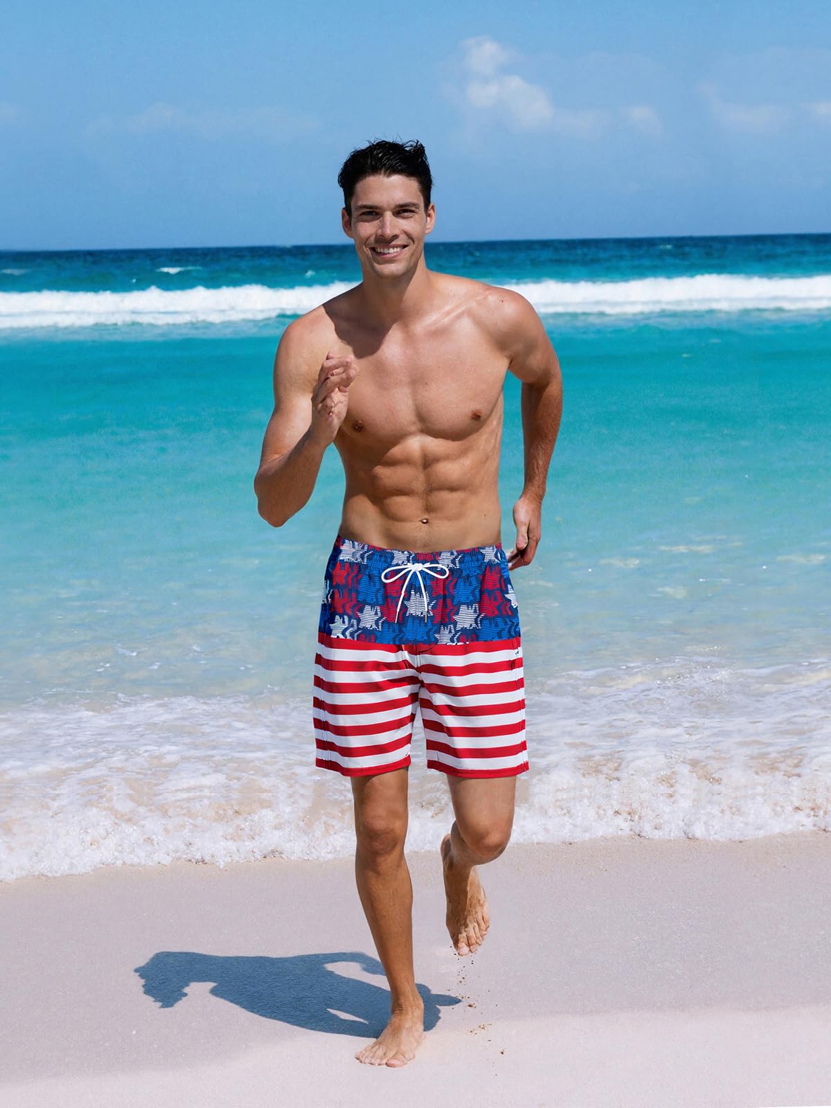 SURF CUZ Mens Swim Trunks with Compression Liner Quick Dry Swim Shorts 7" Swimming Trunks Stretch Bathing Suit 7 Inch,American Flag,XL