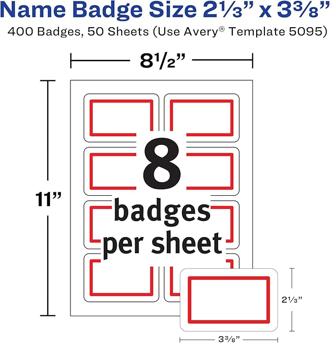 Avery Flexible Printable Name Tags, 2-1/3" x 3-3/8", White with Red Border, 400 Removable Name Badges (05095)