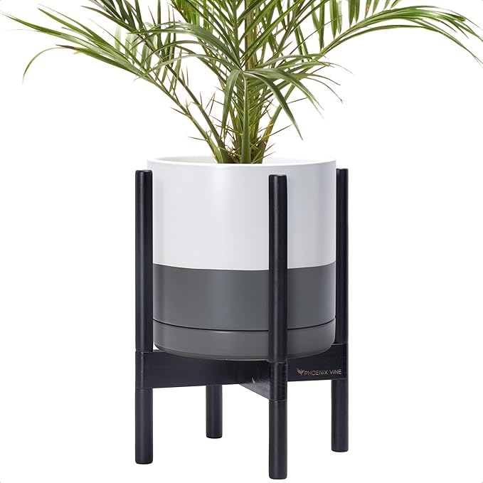 D'vine Dev Ceramic Planter with Ebony Stand - 10 Inch Modern Round Flower Pot with Wood Planter Holder, White/Grey, 55-B-L-6