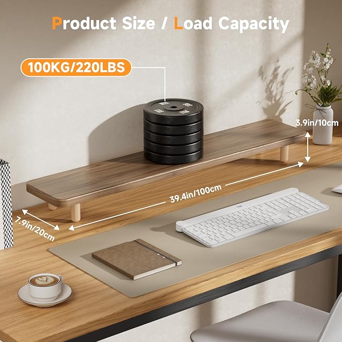 Dual Monitor Stand Riser, 39 Inch Extra Long Wooden Desktop Monitor Riser with Storage for 2 Monitors Ultra Strong Desk Shelf Organizer Riser Ergonomic for 2 Screens/Laptop/PC/TV/Printer, Light Walnut