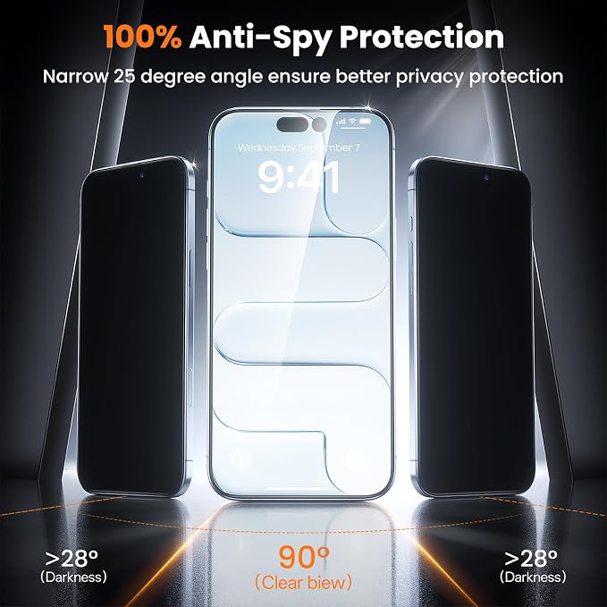 3-Pack for iPhone 16 Plus/15 Plus Screen Protector Privacy 9H+ Tempered Glass Scratch &amp Drop Resistant Smooth &amp Clear Easy Installation Full Coverage