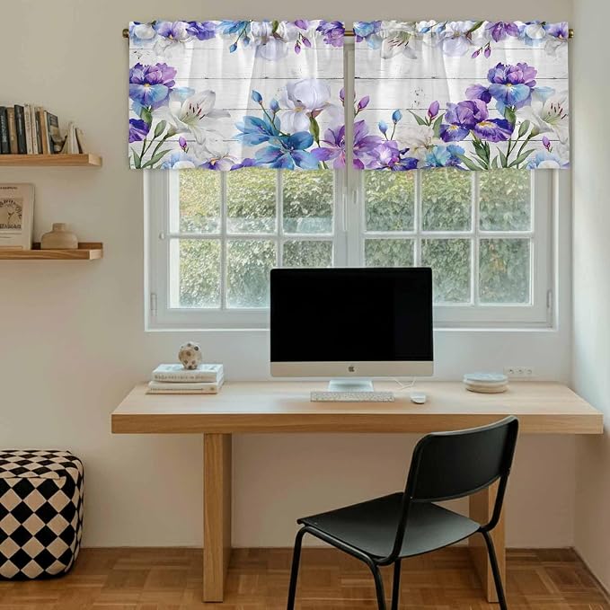 Spring Flowers Tier Curtains, Watercolor Garden Florals Wooden Grain Light