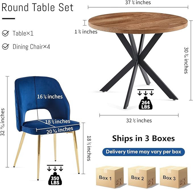 NORDICANA 5-Piece Dining Table Set for 4 - Space Saving 37-Inch Round Table and Chairs, 4 Seaters Dining Set with Upholstered Dining Chairs (Navy Blue)