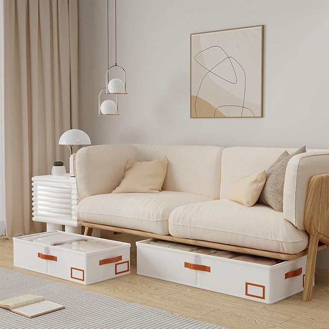 Yawinhe Under Bed Storage Containers, 4 Pack, Bin with Lids, Collapsible Closet Organizers, with Sorting Card Slot and 4 Leather Handles, for Blanket, Bedding, 31.5''Lx15.7''Wx6''H, Beige