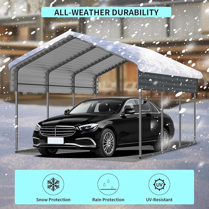 10x15 FT Metal Carport with Enhanced Base and Galvanized Steel Roof, Heavy Duty Outdoor Garage Car Shelter for Car, Boats and Truck