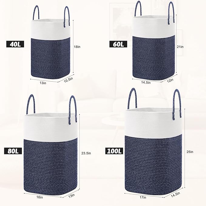 Laundry Basket,Woven Cotton Rope Laundry Hamper,Versatile Storage for Dirty Clothes,Baby Toys,and Blankets in Bathroom, Nursery,and Living Room (Blue, 60L)