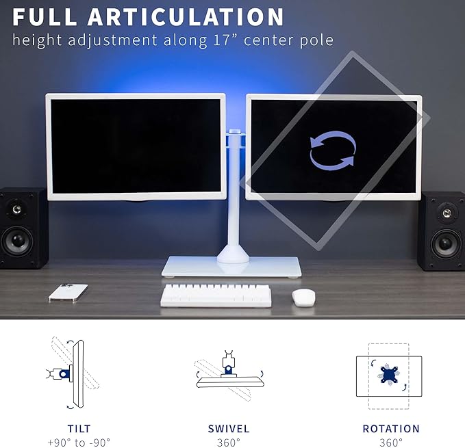 VIVO Freestanding Dual Monitor Stand with Sleek Glass Base and Adjustable Arms, Mounts 2 Screens up to 32 inch and 22 lbs Each, White, STAND-V002FGW