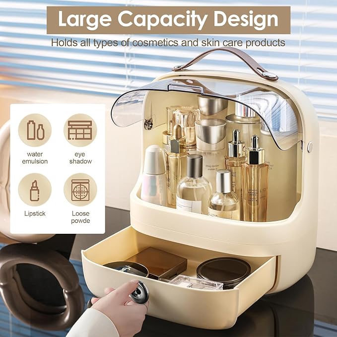 Makeup Storage Organizer Skincare Organizers, Cosmetics Display Case with Makeup Brush Holder and Lipstick Organizer, Dustproof Countertop Makeup Organizer with Transparent Cover and Handle