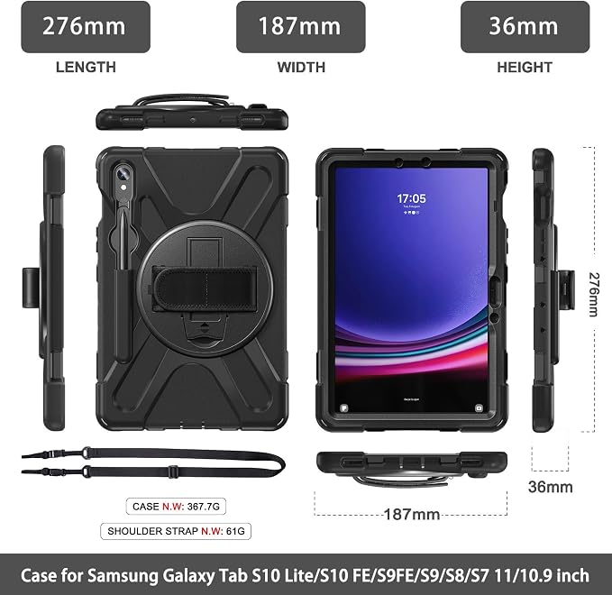 Case for Galaxy Tab S10 FE+ 13.1 2025 with Screen Protector+360 Rotating Hand Strap&ampStand+Shoulder Strap (Black)