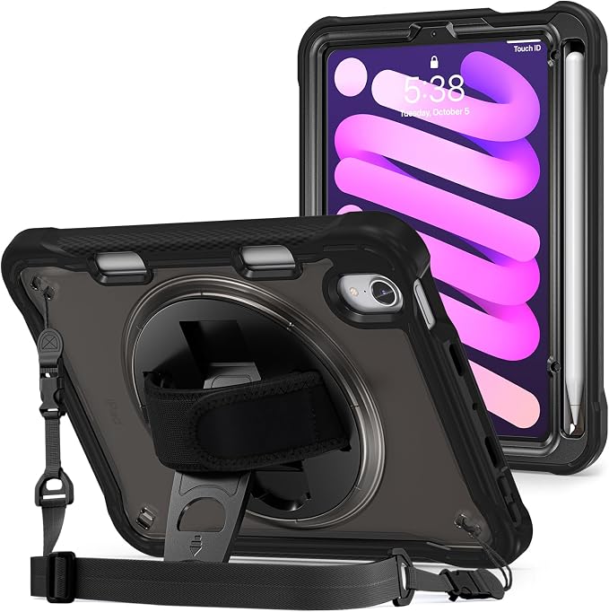 ProCase Rugged Case for iPad mini 7th(A17 Pro) 2024 / 6th Gen 8.3 2021 | Heavy Duty Shockproof Rugged Cover with Hand Strap 360 Degree Rotatable Kickstand Protective for iPad mini 8.3 -Black