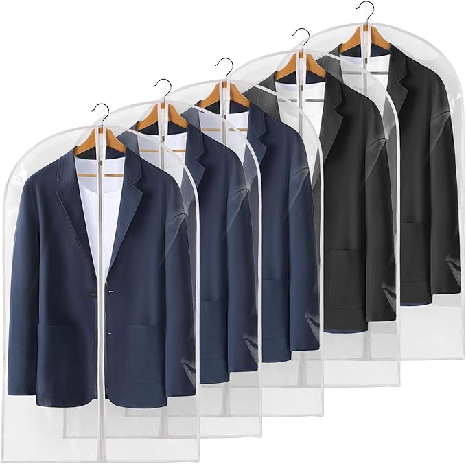 40" All Clear Garment Bags for Hanging Clothes, 5 Packs Suit Bags for Closet Storage, Plastic Waterproof Suit Cover Bags with Zipper for Coats, Jackets, Shirts (Set of 5)