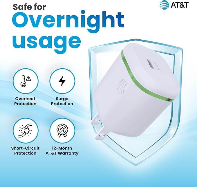 AT&ampT USB-C Wall Charger Fast Charging Power Adapter Foldable Prongs Travel-Friendly for Compatible with iPhone iPad Samsung Galaxy Google Pixel (20W White)