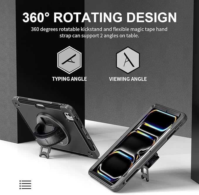 Junfire Protective Case for iPad Pro 11-inch M5/M4-Black | Hand Strap 360°Rotating Kickstand Carrying Shoulder Belt， Pencil Holder Shockproof Rugged