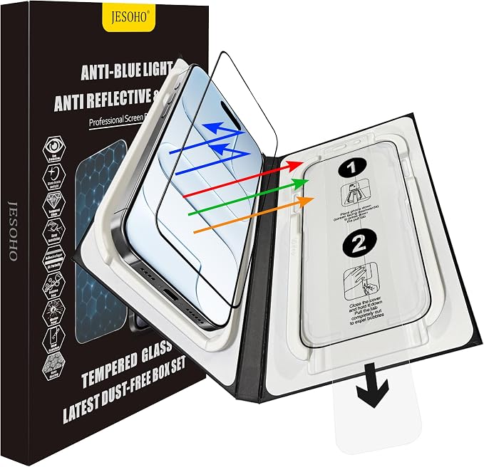 JESOHO Blue Light Blocking Screen Protector for iPhone 15 Plus 16 Plus | Eye Protection Anti-Reflective 9H Tempered Glass Case Friendly Scratch-Resistant No Bubble Easy Installation 2 Pack