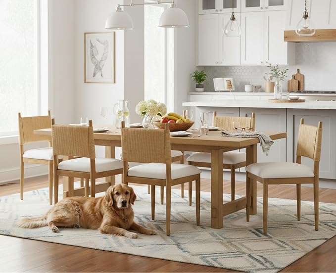 CIMOTA Modern Dining Chairs Set of 4, Mid Century Upholstered Dining Room Chairs with Woven Back, Armless Kitchen Chairs with Natural Solid Wood Legs, Linen Beige