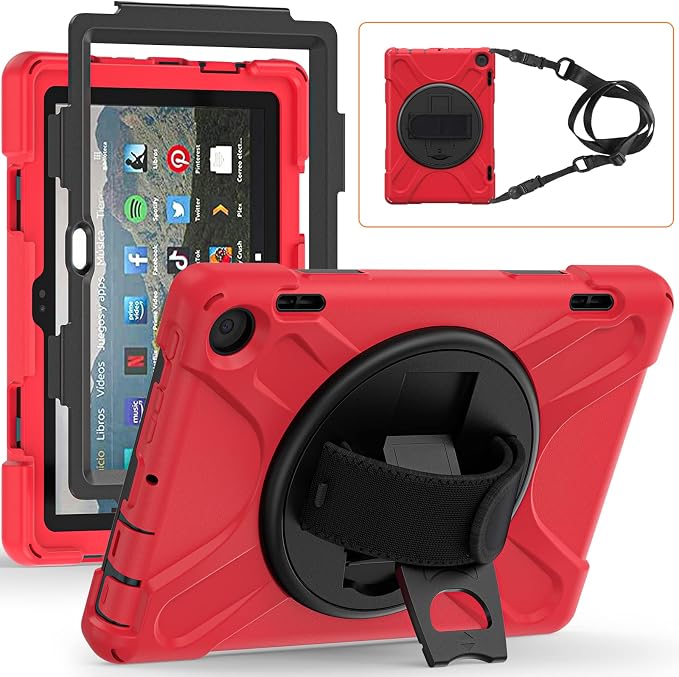 Rugged Case for Amazon-Kindle-Fire-HD-8 &amp 8 Plus Tablet (12th Generation 2022) 8“ w/ 360° Rotating Hands-Free Kickstand Full Body Armor Heavy Duty Shock-Proof Cover w/Hand/Shoulder Strap(Black)
