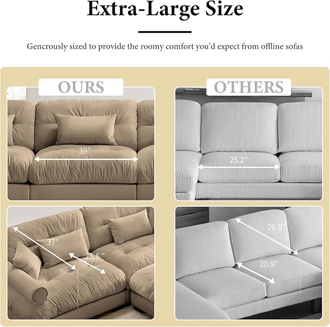 130" Oversized Couch, 3 Seater Modular Sectional Sofa, Camel Large Sectional Couches for Living Room, Fluffy Couch Set, Velvet Cloud Sofa with 5 Pillows, Deep Seat Sofas for Living Room