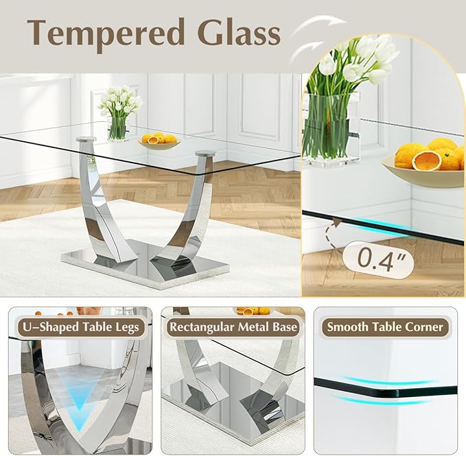 71'' Glass Dining Room Table Set for 6, Kitchen Table Set with 6 PU Leather Chairs, Tempered Glass Dining Table Set with Silver U-Shaped Table Legs and Rectangular Base