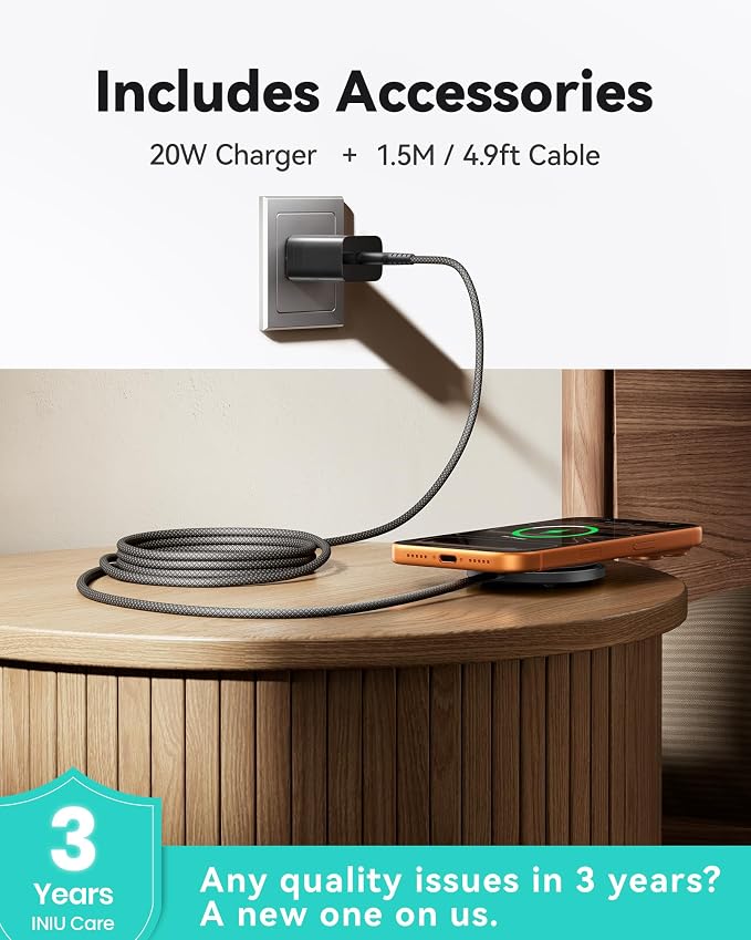 INIU Magnetic Wireless Charger Qi2 15W Fast Charging Pad Travel Charger | MagSafe-Compatible with LED Light Cooling Fan Smart Protection for iPhone 17-12 Series AirPods 4-2(20W Adapter Included)