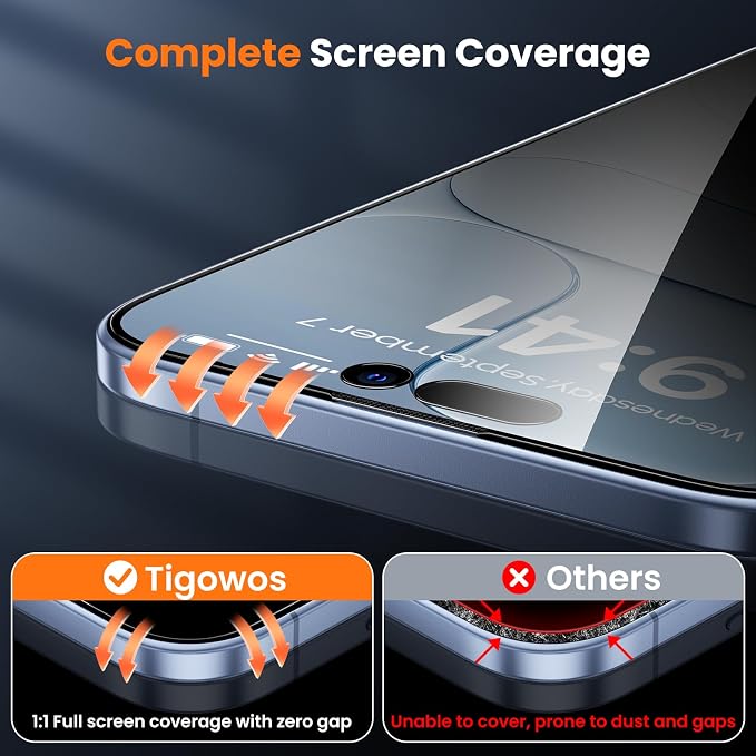 Tigowos 2-Packs for iPhone 17 Pro Privacy Screen Protector，28°Anti-spyDouble Shatterproof Tempered Glass9H+ Hardness99.99% HD ClearFull CoverageBubble FreeEasy Installation