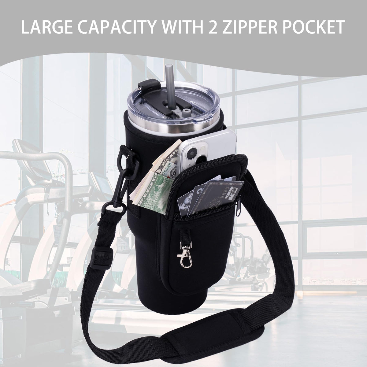 Toptime Water Bottle Carrier Bag with Phone Pocket for Stanley Cup 40 oz, Water Bottle Holder with Adjustable Shoulder Strap, Neoprene Stanley Cup Accessories for Hiking Travelling Camping (Black)