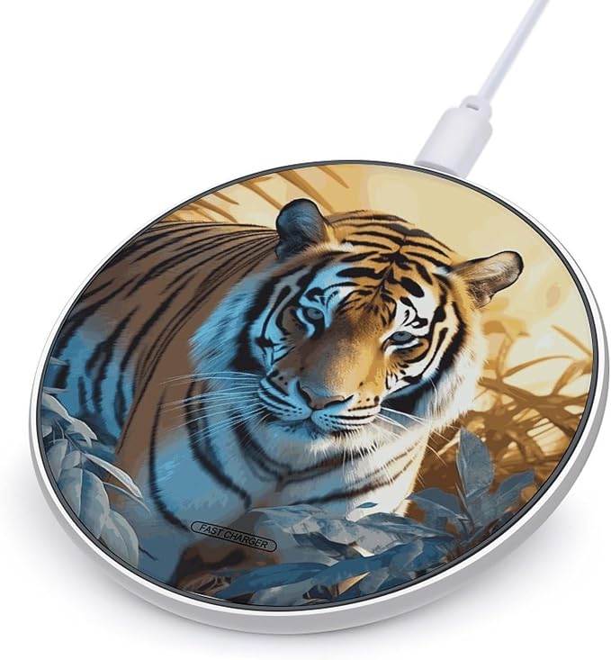 African Wildlife Tiger Wireless Charger Fast Charging Pad | Anti-Slip Qi Certified Wireless Charging Pad for All Phones with Wireless Charging Function for Home Office Travel