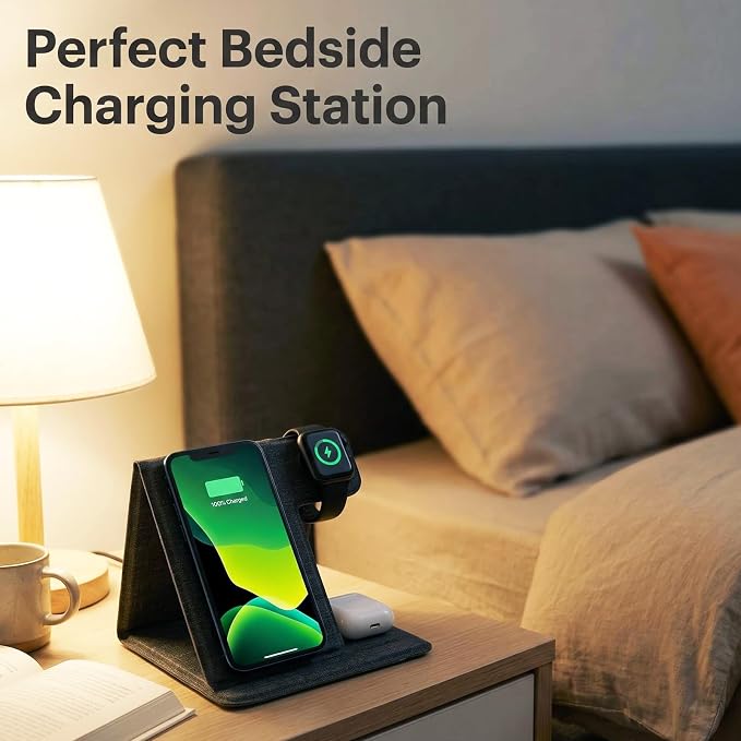 3 in 1 Wireless Charging Station Foldable Wireless Charger Stand for iPhone 15/14/13/12 Apple Watch Series 9/8/7/6/5/4/3/SE AirPods Pro 2/3 Fabric Portable Travel Charger Dock (Black)