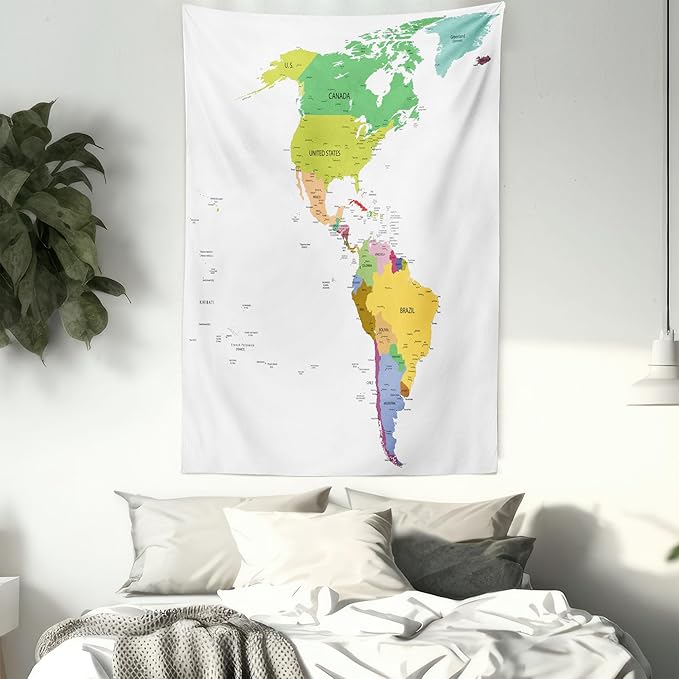 Ambesonne Map Tapestry Queen Size, Map of South and North America with Countries Capitals and Major Cities Colorful Design, Wall Hanging Bedspread Bed Cover Wall Decor, 88" X 88", Green White