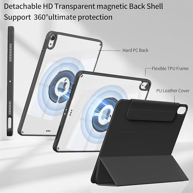 Detachable Case for iPad A16 11th Gen 2025 &amp iPad 10th 2022 Black | Slim Clear hard back TPU frame folio stand Pencil holder and auto wake/sleep for daily school work and light travel use