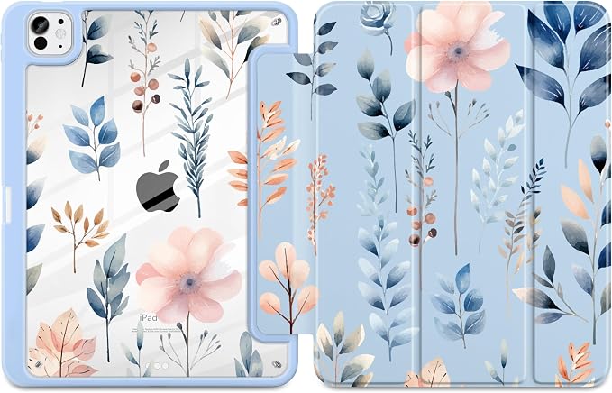 Case for iPad Pro 11 inch M5 2025 /M4 2024 Blue Ribbon Stripe | Blue Ribbon Stripe Folio Case with Clear Back Pencil Holder Trifold Stand and Auto Sleep/Wake for Preppy Aesthetic Users