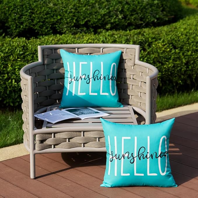 DFXSZ Outdoor Pillow Covers 18x18 Inch Set of 2 Hello Sunshine Decor Blue Green Waterproof Throw Pillow Covers Summer Outdoor Waterproof Pillow covers Decor for Patio Funiture Garden Sofa Couch 020D18