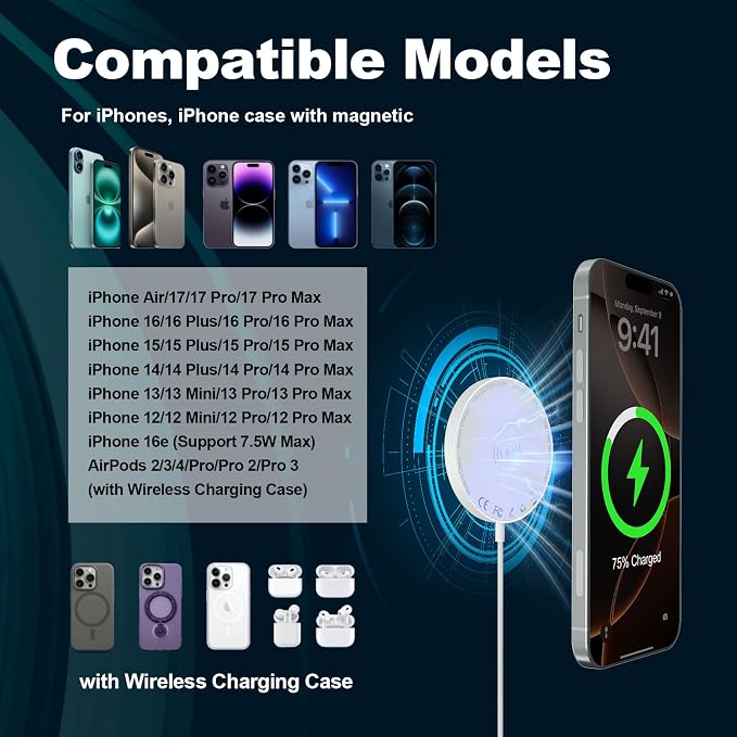 Apple MagSafe Charger 15W Magnetic Wireless Charger for Apple iPhone | iPhone Wireless Charging Pad 6ft Magnetic Charger for iPhone 17 16 15 14 13 12 11 Pro Max Plus/AirPods 2 3 4 Pro 2 3 [2 Pack]