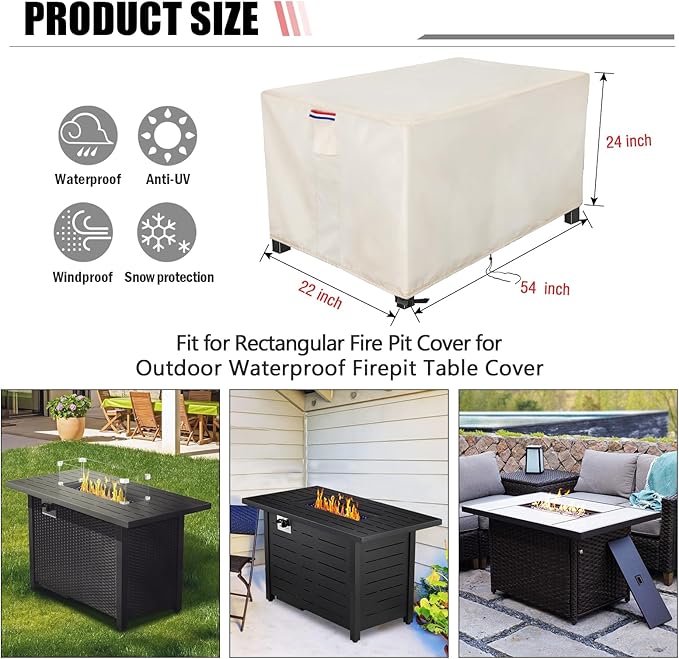 Youlvy Fire Pit Cover Rectangular 54 Inch - Waterproof Outdoor Fire Table Cover Rectangle Heavy Duty, 600D Patio Propane Gas Firepit Cover Rectangular Tear Weather Resistant - 54 x 22 x 24 Inch Beige